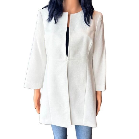 NWT Le Suit Ivory Jacquard Long Collarless Blazer Dress Jacket - Picture 2 of 7